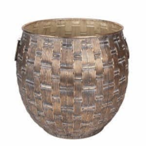 Metal Saksı, Kulplu, Kabartma Desenli, Kahverengi Eskitme - 45x43,5 cm