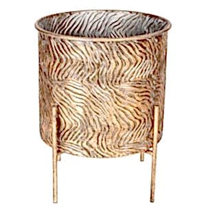 Metal Çiçeklik Saksı, Ayaklı, Silindir, Dalga Desenli, Altın Eskitme - 31x38 cm
