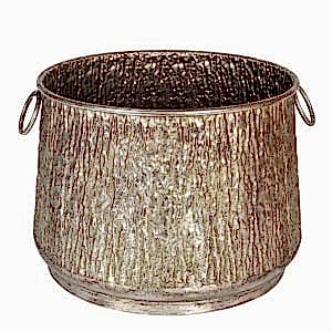 Metal Kazan Saksı, Kulplu, Kabartma Desenli, Gümüş Eskitme - 45x33 cm