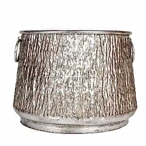 Metal Kazan Saksı, Kulplu, Kabartma Desenli, Gümüş Eskitme - 39,5x29 cm
