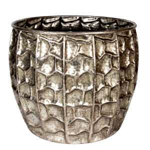 Metal Çiçeklik Saksı, Kabartma Desenli, Gümüş Eskitme - 45x38,5 cm
