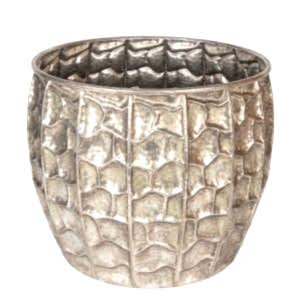 Metal Çiçeklik Saksı, Kabartma Desenli, Gümüş Eskitme - 37,5x32,5 cm