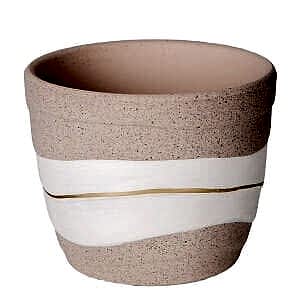 Seramik Saksı, Gold Şeritli, Desenli, Bej-Beyaz - 10x8 cm