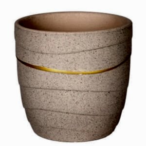 Seramik Saksı, Gold Şeritli, Bej - 12x11,5 cm