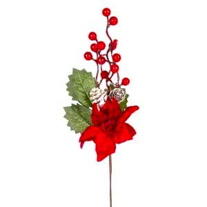 Yılbaşı Çiçeği, Pike Berry, Puansetyalı, Karlı, Kozalaklı, Kırmızı-Yeşil - 30 cm