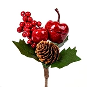 Yılbaşı Çiçeği Pike Berry Dalı, Elma Kozalak Nar Dekorlu, Kırmızı-Yeşil - 14 cm