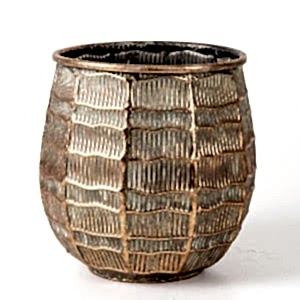 Metal Çiçeklik Saksı, Kabartma Çizgi Desenli, Bakır Eskitme-Gri - 24x23x24 cm