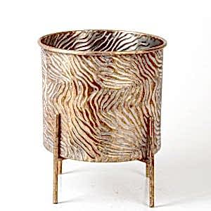 Metal Çiçeklik Saksı, Ayaklı, Silindir, Dalga Desenli, Altın Eskitme - 26x32,5 cm
