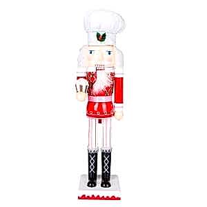 Yılbaşı Süsü, Ahşap Aşçı, Kırmızı-Beyaz - Elinde Pasta Taşıyan, 8,5x38 cm