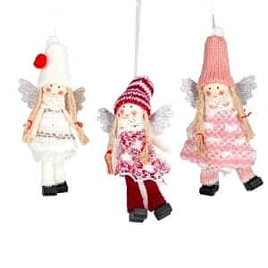 Yılbaşı Süsü, Peri Figürü, Karışık Renkli - Asmalı, Örgü Kıyafetli, Simli Kanatlı, Kutuda, 3'lü Paket, 12 Cm