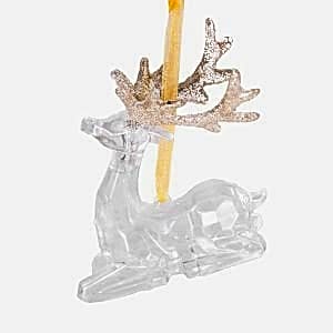 Yılbaşı Ağaç Süsü, Oturan Geyik - Asmalı, Simli Boynuzlu, Akrilik Cam, 5,5x9 cm
