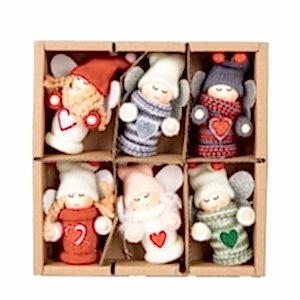 Yılbaşı Süsü, Peri Figürü, Örgü Kıyafetli, Karışık Renkli - Kalp Desenli, Simli Kanatlı, Kutulu, 6'lı Paket, 9 cm